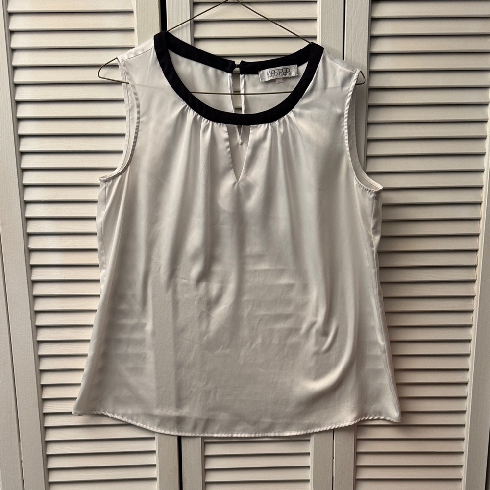 Kasper White Sleeveless Top with Black Neck Trim